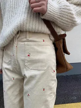 Женские винтажные вышитые вельветовые брюки в корейском стиле Harajuku, повседневные прямые брюки, Япония, Широкие брюки Y2K, женская одежда 1