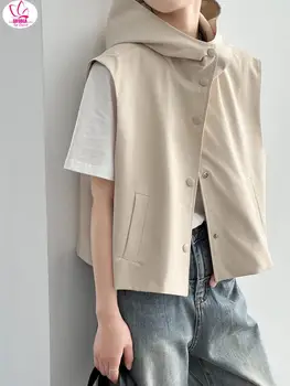 Женские жилеты без рукавов SUSOLA, Повседневный топ с капюшоном, кардиган 2023 года, Корейская версия куртки без рукавов с разрезом на плечах 3