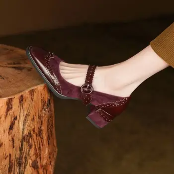 Женские кожаные туфли-броги на каблуке 4,5 см во французском стиле Ретро на среднем каблуке, весенне-осенние винтажные туфли-лодочки Мэри Джейн с одним ремешком 13