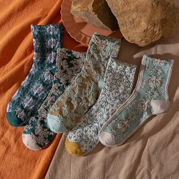 Женские носки с цветочной вышивкой, ретро-носки в стиле харадзюку, Элегантные этнические винтажные женские носки в стиле Лолиты, японские каваи, милые Сокс 6