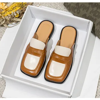 Женские фетиш-туфли с квадратным носком спереди, дорожные тапочки в британском стиле На низком каблуке 2 см, коричневые, бежевые, полупальто, Нулевая цена 35-43 3