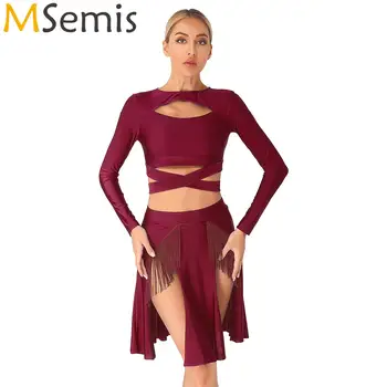 Женский балетный костюм для современных латиноамериканских танцев, сценический костюм, укороченный топ с длинным рукавом и юбкой с кисточками с высокой талией 1