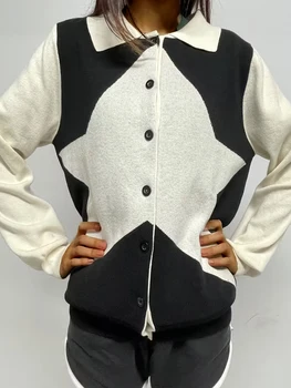 Женский вязаный кардиган Y2K, винтажный свитер на пуговицах с длинным рукавом и звездным принтом, топы, классические весенне-осенние куртки, пальто, уличная одежда 9