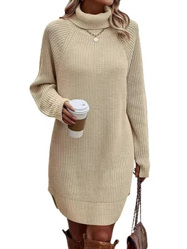 Женское осеннее мини-платье, водолазка с длинным рукавом, однотонное трикотажное платье, повседневное платье-свитер 5