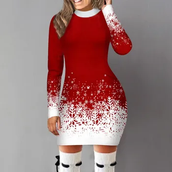 Женское платье с рождественским принтом в виде снежинок, облегающее платье с длинными рукавами и круглым вырезом, Элегантные сексуальные повседневные платья для рождественской вечеринки, тонкие мини-платья 7