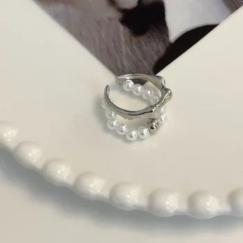 Женское Роскошное кольцо с жемчугом серебристого цвета, Двухслойное кольцо 2022, Винтажное Сексуальное Открытое кольцо, Совместное кольцо для вечеринки, Модный Элегантный Ювелирный подарок 2