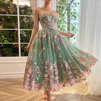 Зеленое тюлевое платье без бретелек с аппликацией в виде розовых цветов, женская одежда длиной Миди, сшитая на заказ, Вечерние платья Ever Pretty Dresses 1