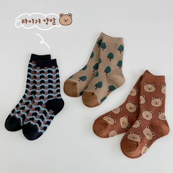 Зимние носки для маленьких мальчиков модного цвета с классическими носками с мультяшным медведем, детские теплые носки длиной до икр с двойной иглой, детские носки 5