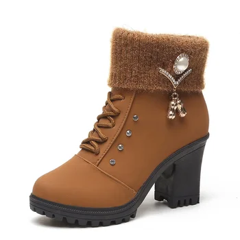 Зимняя обувь на высоком каблуке, женские зимние ботинки, Модные женские ботинки на высоком каблуке, Плюшевая теплая меховая обувь, женские брендовые ботильоны fg6 1