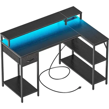 Игровой стол L-образной формы со светодиодной подсветкой, розетки, реверсивные компьютерные столы с выдвижными полками, Угловой Домашний офис, черный 12