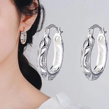 Изысканные модные серьги-кольца для женщин Простая индивидуальность серебристого цвета с резьбой по металлу, серьги с полым рисунком 2