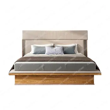 Итальянская кожаная двуспальная кровать в минималистичном стиле, спальня в простом стиле, главная спальня в Гонконге, супружеская кровать высокого класса 12