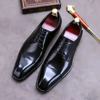 Итальянские мужские модельные туфли на плоской подошве роскошного кожаного бренда ручной работы на шнуровке с квадратным носком 2023 г. Деловая обувь для вечеринок и вечеринок 14