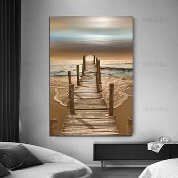 Картины на холсте с морским пейзажем на деревянном мосту, современные плакаты с видом на море и настенная художественная картина с принтом для украшения дома без рамки 3