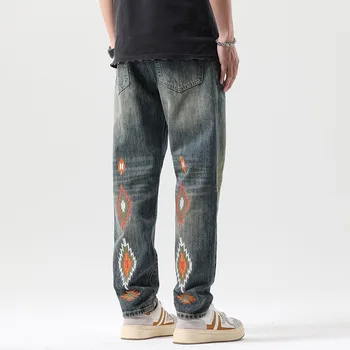 Классический дизайн, мужские джинсы с принтом Emboridery, Свободные прямые хлопчатобумажные Мягкие Стильные Длинные брюки, мужские повседневные брюки для подростков 14