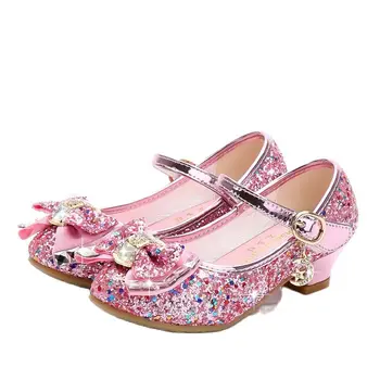Кожаные туфли на высоком каблуке для девочек; Новинка весны 2022 года; Обувь с блестками и бантом; Детская обувь принцессы; обувь для вечеринок и танцев; 13