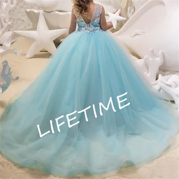 Контрастное сине-белое платье в цветочек для девочек, детская принцесса, аппликация без рукавов, длина до пола, свадебные танцы, Пляжное бальное платье для выпускного вечера 4