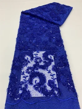Королевский синий Модный Французский Тюль, Кружевная ткань, 5 Ярдов, Высококачественная Нигерийская Женская Свадебная Вышивка Камнем, Африканская кружевная ткань 4