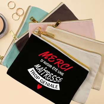 Косметичка с принтом Merci Maitresse, персонализированные Женские холщовые косметички, сумки, модный чехол для макияжа на молнии, женская сумочка 5
