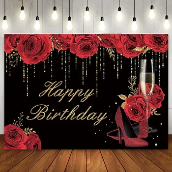 Красные розы, блестящие каблуки цвета шампанского, фон для фотосъемки для женщин, баннер для вечеринки по случаю дня рождения девушки 16-18 30 40 50 лет 1