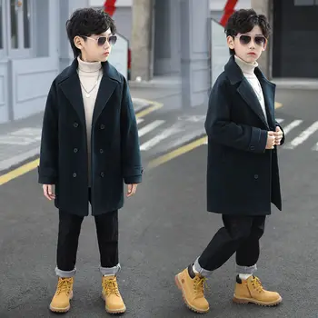 Куртка, модное шерстяное пальто для мальчиков, осенне-зимняя детская модная теплая уличная одежда с лацканами от 5 до 14 лет 10