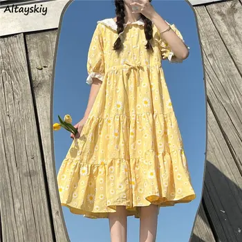 Летнее желтое платье женщины цветок прекрасный девичий свободный Прейри шик старинные литературные студенты шнуровке эстетической платья каникулы  18