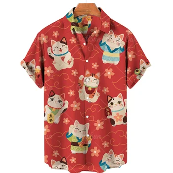 Летняя гавайская мужская рубашка с коротким рукавом 2024 года, повседневная рубашка с отворотом и V-образным вырезом с милым котом, пляжная 5xl 9