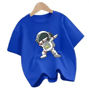 Летняя одежда для мальчиков 2024 года, Детская хлопковая футболка с коротким рукавом, Мультяшный Космонавт, Детские забавные топы 7