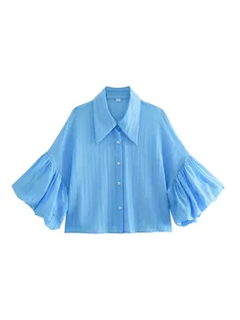 Милая однотонная жаккардовая мини-рубашка для женщин Модный короткий топ с лацканами и пузырчатыми рукавами 2023 Летняя женская одежда для вечеринок, клубная шикарная уличная одежда 12
