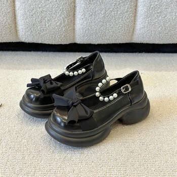 Милые женские туфли-лодочки с ремешком и пряжкой, женские оксфорды на среднем квадратном каблуке, однотонные летние туфли-лодочки с бусинами и узлом бабочки, большие размеры 3