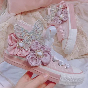 Милые студенческие парусиновые туфли для девочек, женские модные кроссовки с розовым цветком, высокие топы, повседневные дышащие балетки 1