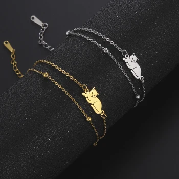 Милый браслет с подвеской в виде кошки для девочки, двухслойный браслет из нержавеющей стали, модные женские украшения для подарков на День рождения 14