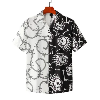 Модная Черно-белая пляжная рубашка в стиле пэчворк в винтажном стиле, Летние Новые Мужские Гавайские рубашки с принтом Черепа, с коротким рукавом, Оверсайз, Hemd Poleras 7