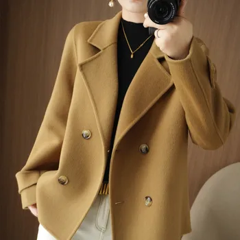 Модное шерстяное пальто 2023, Новые короткие осенние женские топы и блузки, зимняя облегающая верхняя одежда, Корейская куртка, Повседневная основа, однотонная 14