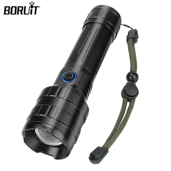 Мощный фонарик BORUIT Zoom Torch 18650 Перезаряжаемый водонепроницаемый тактический военный поисковый фонарь для рыбалки, кемпинга. 18