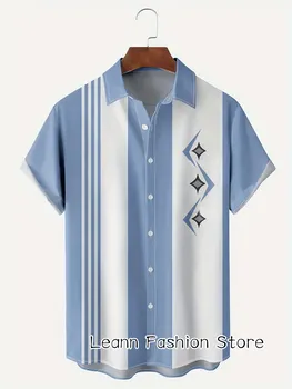 Мужская летняя гавайская рубашка, модная одежда в контрастную геометрическую полоску, мужская рубашка с отворотом и воротником, Гавайская пляжная рубашка для отдыха 19