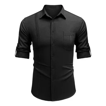 Мужская повседневная рубашка с лацканами, однотонная жаккардовая блузка с петельками, длинный рукав, застегивающаяся на пуговицы, свободная простая блузка с нагрудным карманом