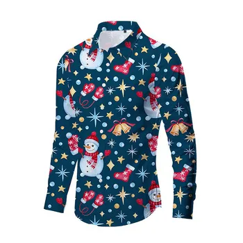 Мужская рождественская рубашка с длинным рукавом и забавным принтом снеговика, мужская рубашка для отдыха, осенне-зимняя блузка, рубашка на пуговицах 10