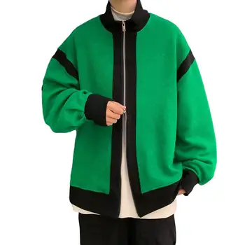 Мужское пальто с цветным блоком, воротник-стойка, кардиган на молнии в косую полоску, длинный рукав, Свободная куртка средней длины 6