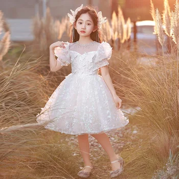 Новые белые платья в цветочек для девочек на свадьбу, детское платье сказочной принцессы, детское платье для дня рождения, детская одежда для крещения 14