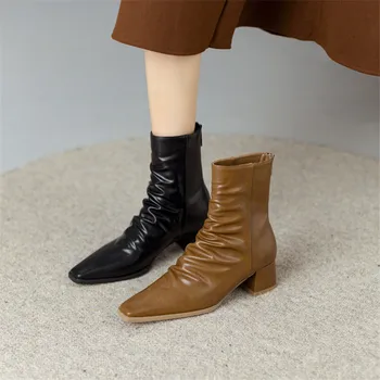 Новые осенние женские ботинки из спилка с квадратным носком, сапоги на массивном каблуке для женщин, зимние французские ретро плиссированные сапоги в западном стиле на высоком каблуке 6