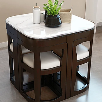 Обеденный стол из мраморного сланца, небольшой бытовой обеденный стол из массива дерева, простой современный обеденный стол, квадратная комбинация из 4 стульев 10
