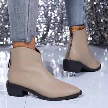 Обувь для женщин 2023, Женские ботинки на щиколотке с застежкой сзади, классические современные ботинки, женские швейные туфли из искусственной кожи с острым носком и квадратным каблуком, женские 3
