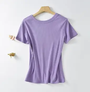 Однотонная Базовая Женская футболка Повседневного цвета С Коротким рукавом 11