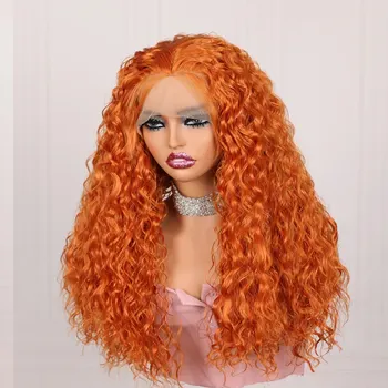 Оранжевый цвет, Мягкий Бесклеевой Парик длиной 26 дюймов и плотностью 180 г, Синтетический для женщин, волосы Младенца, предварительно выщипываемые ежедневно 6