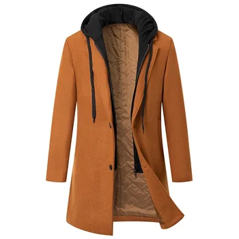 Осенне-зимнее мужское модное однотонное повседневное пальто средней длины с капюшоном 5