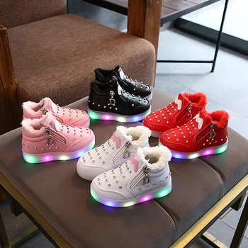 Осенне-зимние детские кроссовки со светодиодной подсветкой, повседневная лампа на шнурках, детская светящаяся обувь для девочек, теплые плюшевые кроссовки, спортивная обувь принцессы 14