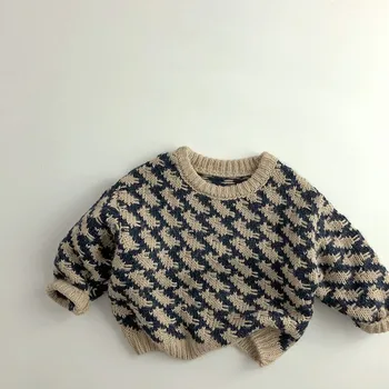 Осенний Новый повседневный свитер с длинными рукавами для малышей, Зимний теплый детский винтажный свитер в клетку, Модный трикотаж для мальчиков и девочек, Детская одежда 2