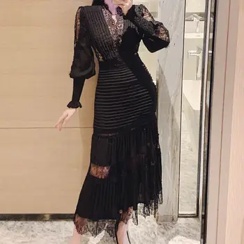 Осень 2023, Новое модное сексуальное платье с V-образным вырезом, сексуальное кружевное открытое платье с разрезом, Женское Черное шифоновое платье с длинным рукавом 10