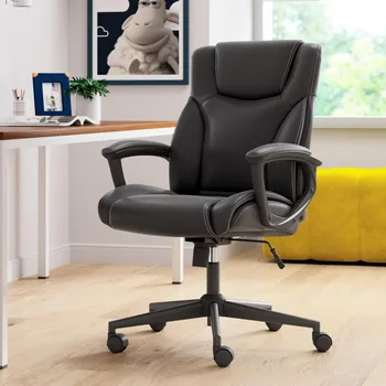 Офисное кресло с поясничной поддержкой, эргономичный вращающийся дизайн с мягкой обивкой, удобный для игр, сшитая кожа, черный 18